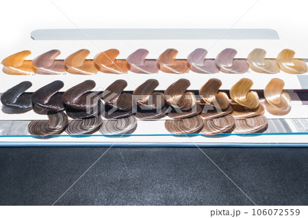 Miscellaneous various samples color palette dye coloring hair shade tint set design on dark background 106072559