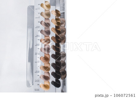 Miscellaneous various samples color palette dye coloring hair shade on white background, isolated Miscellaneous various samples color palette dye coloring hair shade on white background, isolated 106072561