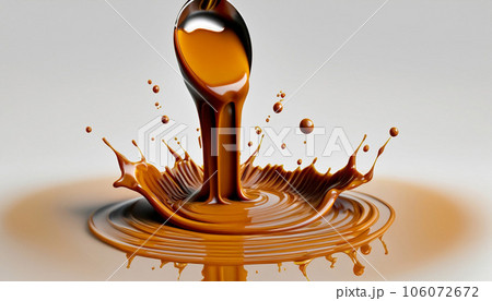 Delicious melted caramel texture. Flow, wave and drops splash caramels sauce. Sweet food design background. 106072672