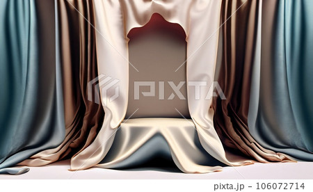 Pedestal podium with drapery luxury silk textile. Showcase of beauty, cosmetic product presentation. Stand stage on display background studio with copy space. 106072714