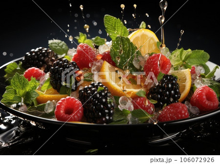 Fresh Mix fruits and salad with water splash float on dish with dark studio background. AI Generative 106072926