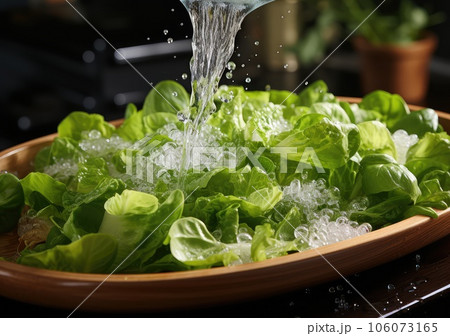 Fresh vegetable salad and food with water splash float on dish with dark studio background. AI Generative 106073165