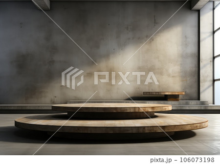 Abstract design of modern podium with empty concret. round concrete podium floor. Pedestal for display,Platform for design,Blank product,concrete room. AI Generative. 106073198