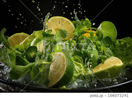 Fresh vegetable salad and food with water splash float on dish with dark studio background. AI Generative 106073241