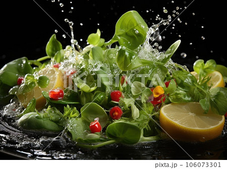 Fresh vegetable salad and food with water splash float on dish with dark studio background. AI Generative 106073301