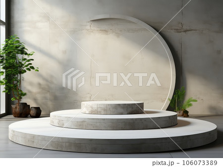 Abstract design of modern podium with empty concret. round concrete podium floor. Pedestal for display,Platform for design,Blank product,concrete room. AI Generative. Abstract design of modern podium with empty concret. round concrete podium floor. Pedestal for display,Platform for design,Blank product,concrete room. AI Generative. 106073389