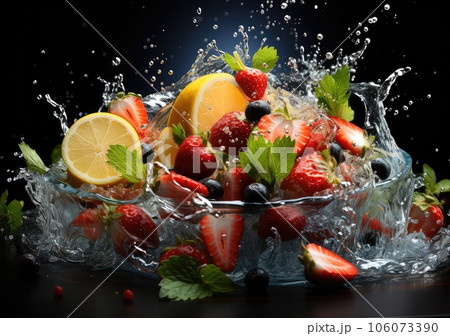 Fresh Mix fruits and salad with water splash float on dish with dark studio background. AI Generative Fresh Mix fruits and salad with water splash float on dish with dark studio background. AI Generative 106073390