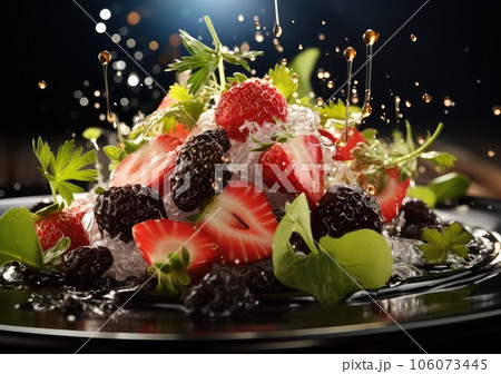 Fresh Mix fruits and salad with water splash float on dish with dark studio background. AI Generative 106073445