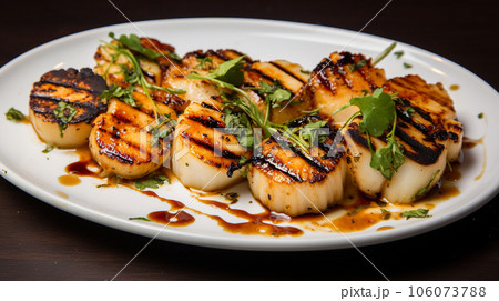 Grilled scallops with sauce 106073788