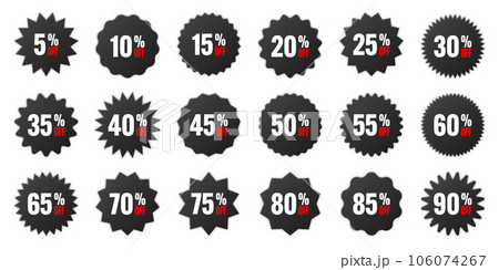 Price tags collection, special offer or shopping discount label with percent, discount percentage value. Black retail paper sticker. Promotional sale badge. Vector illustration Price tags collection, special offer or shopping discount label with percent, discount percentage value. Black retail paper sticker. Promotional sale badge. Vector illustration 106074267