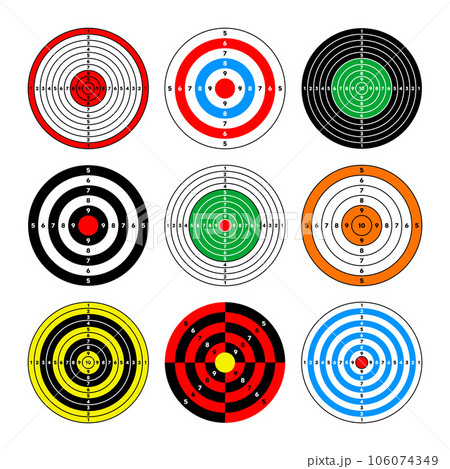 Shooting range paper targets. Round target with divisions, marks and numbers. Archery, gun shooting practise and training, sport competition and hunting. Bullseye and aim. Vector illustration Shooting range paper targets. Round target with divisions, marks and numbers. Archery, gun shooting practise and training, sport competition and hunting. Bullseye and aim. Vector illustration 106074349