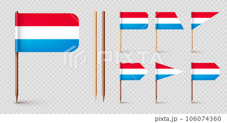 Luxembourgish toothpick flags. Souvenir from Luxembourg. Wooden toothpicks with paper flag. Location mark, map pointer. Blank mockup for advertising and promotions. Vector illustration 106074360
