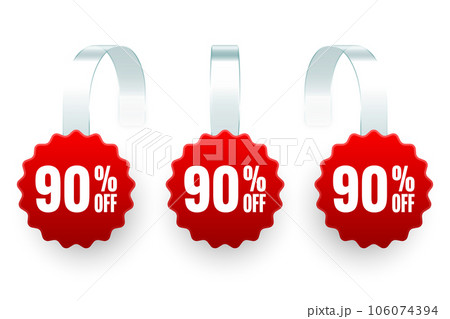 Supermarket promotional wobblers. Realistic red wobbler template for shelf advertising, 90 percent off discount. Sale label with ad text. Special offer price tag. Vector illustration 106074394