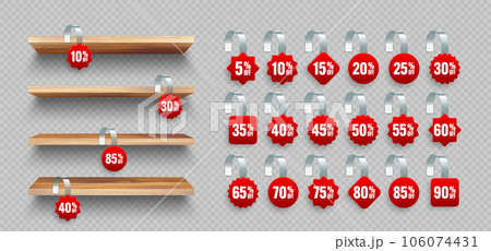 Store shelves with supermarket promotional wobblers. Wooden product shelf and advertising wobbler with percent discount. Grocery wall rack. Sale label, special offer price tag. Vector illustration 106074431