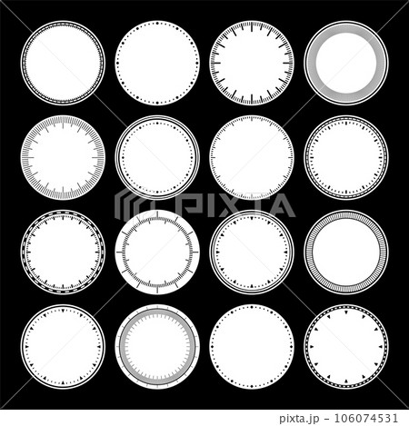 Mechanical clock faces, bezel. Watch dial with minute and hour marks. Timer or stopwatch element. Blank measuring circle scale with divisions. Vector illustration. 106074531