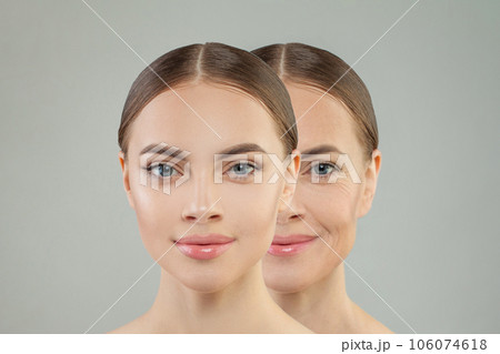 Portrait of two female models. Young woman and senior lady closeup Portrait of two female models. Young woman and senior lady closeup 106074618