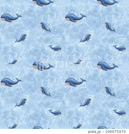 Seamless pattern with swimming whales on blue. Sperm whale breathe producing water splashes. Background with soft watercolor stains. For textile, print, wrapping. Cartoon style. Seamless pattern with swimming whales on blue. Sperm whale breathe producing water splashes. Background with soft watercolor stains. For textile, print, wrapping. Cartoon style. 106075870