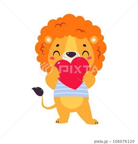 Cute Lion Character with Mane in Striped Shirt Hold Heart Vector Illustration Cute Lion Character with Mane in Striped Shirt Hold Heart Vector Illustration 106076120
