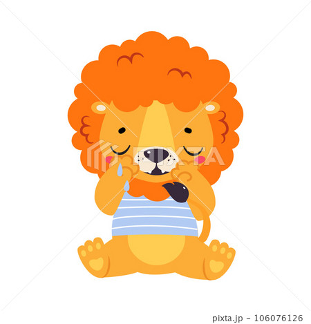 Cute Lion Character with Mane in Striped Shirt Crying Vector Illustration 106076126