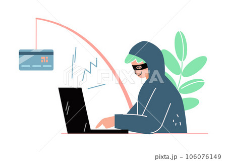 Liar and Internet Fraud with Man Thief at Laptop Phishing Steal Money from Card Vector Illustration 106076149