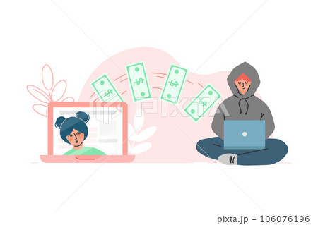 Liar and Internet Fraud with Man Thief at Laptop Steal Money Vector Illustration 106076196