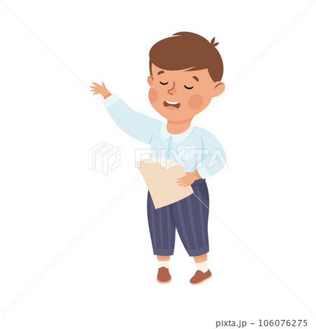 Little Boy Character Standing and Tell Story or Recite Poetry from Paper Vector Illustration 106076275