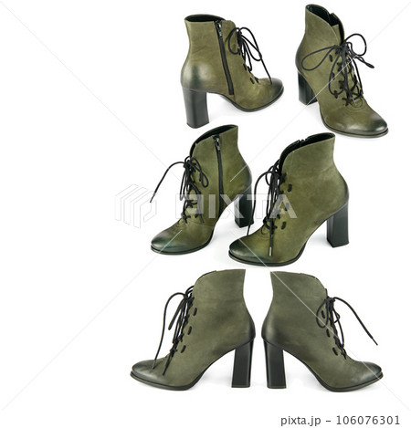 Beautiful female ankle boots isolated on white . Collage. Free space for text. Beautiful female ankle boots isolated on white . Collage. Free space for text. 106076301