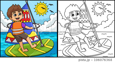 Boy Windsurfing Summer Coloring Page Illustration Boy Windsurfing Summer Coloring Page Illustration 106076368