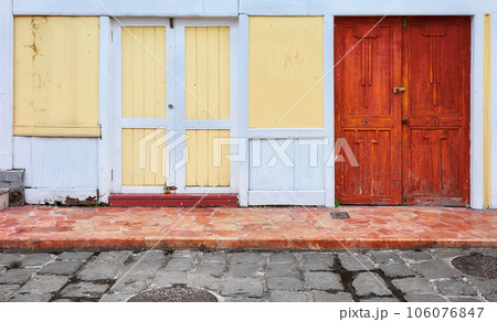 Street view of a colorful facade, architecture background, Guayaquil, Ecuador. Street view of a colorful facade, architecture background, Guayaquil, Ecuador. 106076847