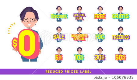 お得な表記を持つビジネス男性のセット。英語。編集が容易なベクターアートです。 106076935