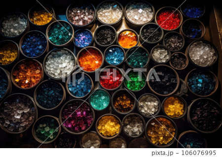 A top view of the bowls with gemstones. Natural gemstone mineral material for jewelry. Generative AI 106076995