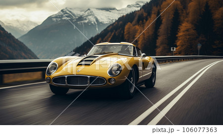 Yellow vintage sports car on mountain road - AI Generated 106077363