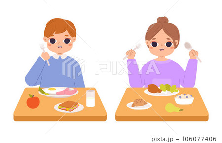 Children eating breakfast or lunch with fruits. Apple, sausage and sandwich, healthy dinner for kids. Cartoon boy and girl eat snugly vector scene 106077406