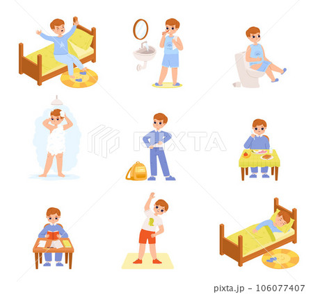Boy daily activities, happy morning, breakfast and self hygiene. Little student day, life routine and discipline. Good habits snugly vector scenes 106077407