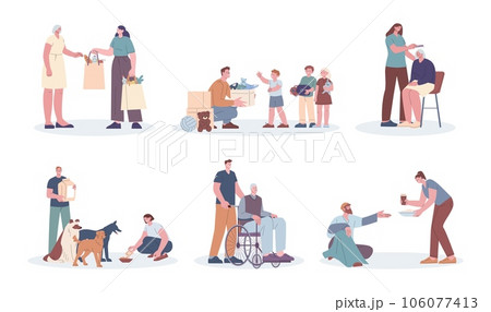 Volunteers and nurse helping elderly, poor people, children and animals. Social worker give food dogs, donate toys for kids. Volunteering kicky vector scenes 106077413