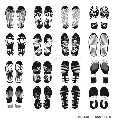 Human foot steps barefoot and in shoes. Black dirty footprints silhouettes, boot and sneakers print. Isolated footstep icons neoteric vector set 106077416