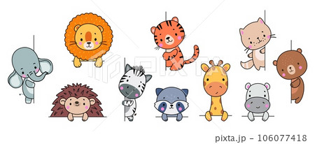 Animals looking out, funny animal peeking out window and wall. Cartoon lion, cat, hedgehog, adorable elephant and tiger, nowaday vector characters 106077418
