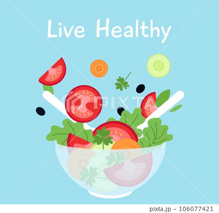 Diet food poster with vegetables salad bowl and cutlery. Vegetarian healthy lunch or dinner. Tomatoes, cucumber cut and green, decent vector card 106077421