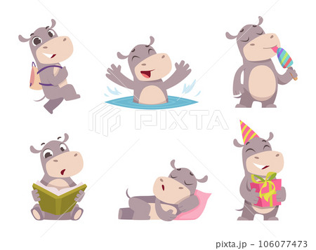 Hippo. Cute african cartoon wild animals in action poses exact vector hippo collection Hippo. Cute african cartoon wild animals in action poses exact vector hippo collection 106077473