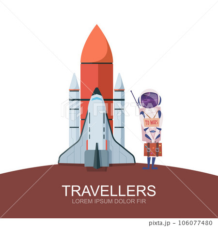 Space travel. astronaut with luggage standing near space shuttle. Vector exploration universe concept 106077480