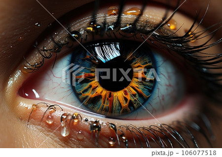 A large portrait of a human eye reflecting a flash, tears from the eyes 106077518