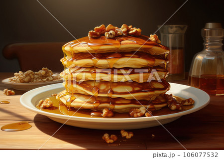 Honey pours on pancakes with nuts. 106077532