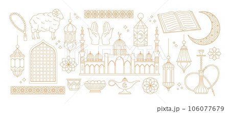 Traditional arabic symbols, golden line lantern and ornate borders. Sheep and muslim mosaic, floral decorative elements. Arab racy vector set 106077679