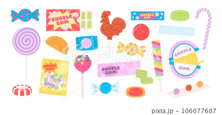Lollipops and bubble gum, cartoon sweet candies. Isolated chewing gums pack and sticky. Holiday kids jelly candy, sweets racy vector set 106077687