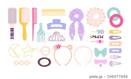 Cartoon hair slide and clips, girls hairbands items. Plastic pins, flat fabric rubbers. Hairdressing equipment, fashion female band racy vector set Cartoon hair slide and clips, girls hairbands items. Plastic pins, flat fabric rubbers. Hairdressing equipment, fashion female band racy vector set 106077688