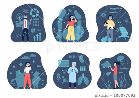 People wear vr glasses for entertainment. Virtual reality in life, work and free time. Ai technologies, person using digital applications recent vector scenes 106077692