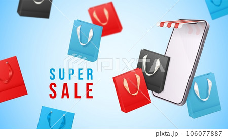 Flying shopping bags. Realistic fashion shop paper fly falling bag, discounts offers big holiday sale concept, store gifts purchase discount mall reward, decent vector illustration Flying shopping bags. Realistic fashion shop paper fly falling bag, discounts offers big holiday sale concept, store gifts purchase discount mall reward, decent vector illustration 106077887