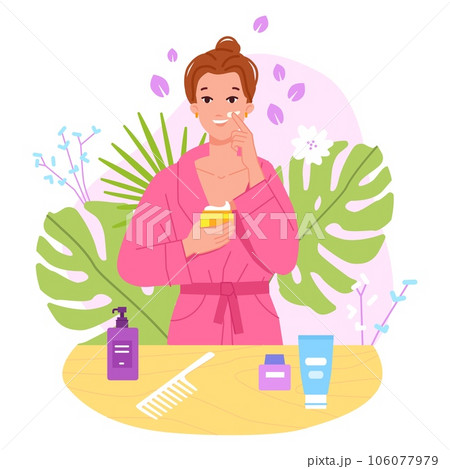 Woman applying moisturizing. Skincare lifestyle, girl cleaning skin pores from scar with moisturizer facial lotion, essential makeup home anti-acne cream beauty vector illustration 106077979