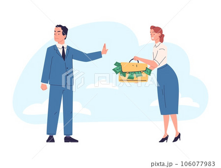 Stop corruption. Anti bribery concept, honest businessman hand rejecting bribe offer cash currency in envelope, corrupt employee refuse payment, corporate fraud vector illustration 106077983