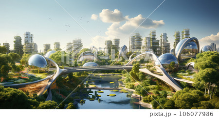 Futuristic city view, urban landscape with green plants on buildings 106077986